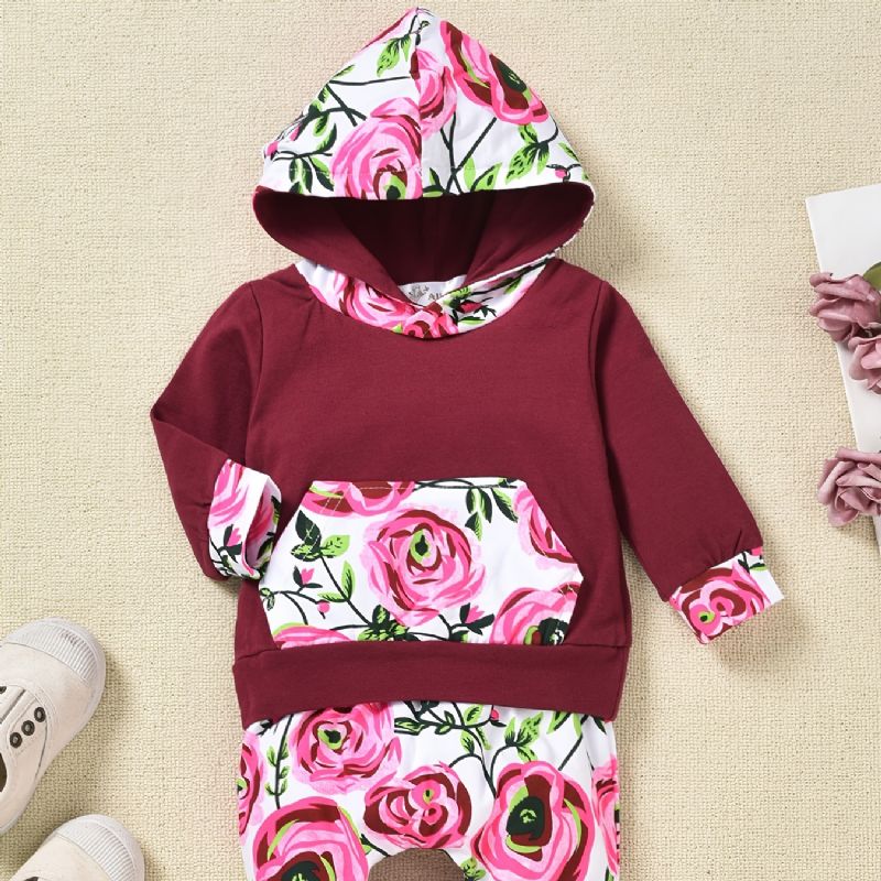 2st Småbarn Flickbyxor Set Höst & Vinter Casual Blommönster Patchwork Randig Hood Sweatshirt & Full Print Byx Set