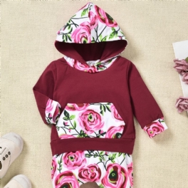 2st Småbarn Flickbyxor Set Höst & Vinter Casual Blommönster Patchwork Randig Hood Sweatshirt & Full Print Byx Set