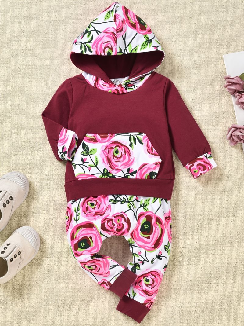 2st Småbarn Flickbyxor Set Höst & Vinter Casual Blommönster Patchwork Randig Hood Sweatshirt & Full Print Byx Set