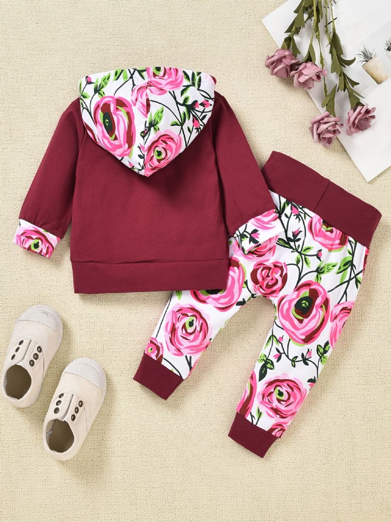 2st Småbarn Flickbyxor Set Höst & Vinter Casual Blommönster Patchwork Randig Hood Sweatshirt & Full Print Byx Set