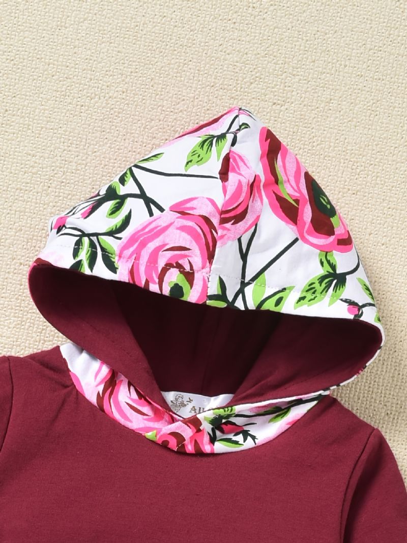 2st Småbarn Flickbyxor Set Höst & Vinter Casual Blommönster Patchwork Randig Hood Sweatshirt & Full Print Byx Set