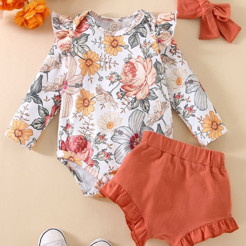 2st Söta Flickor-byxor Set Med Volangsblommatryck Romper & Shorts Set