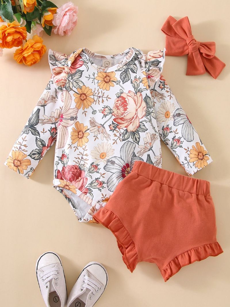 2st Söta Flickor-byxor Set Med Volangsblommatryck Romper & Shorts Set