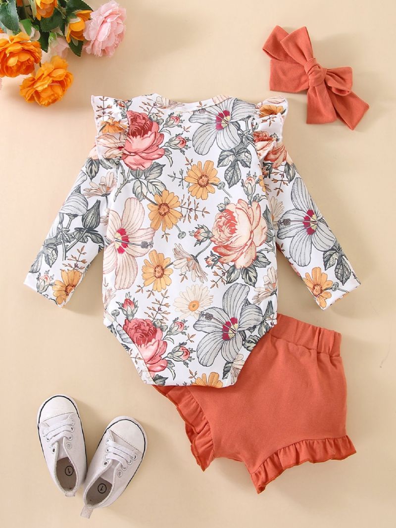 2st Söta Flickor-byxor Set Med Volangsblommatryck Romper & Shorts Set