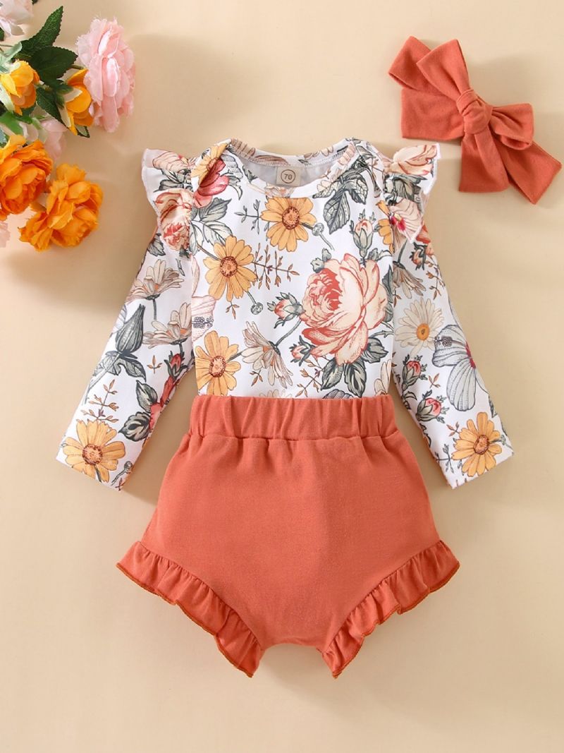 2st Söta Flickor-byxor Set Med Volangsblommatryck Romper & Shorts Set