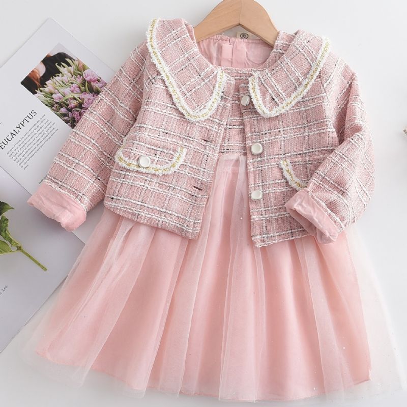 2st Toddler Flickor Mesh Kjol & Gingham Sleeve Top Set