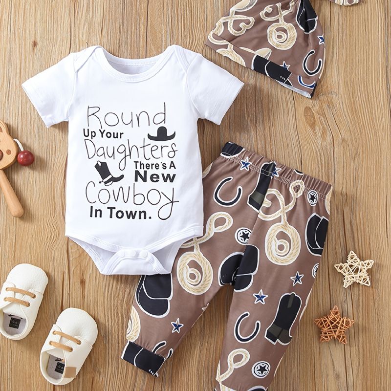 3 St Nyfödda Pojkar Cowboy Print Romper Set Med Söt Casual Crew Neck Kortärmad & Byxor & Hatt För Vinter