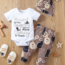 3 St Nyfödda Pojkar Cowboy Print Romper Set Med Söt Casual Crew Neck Kortärmad & Byxor & Hatt För Vinter