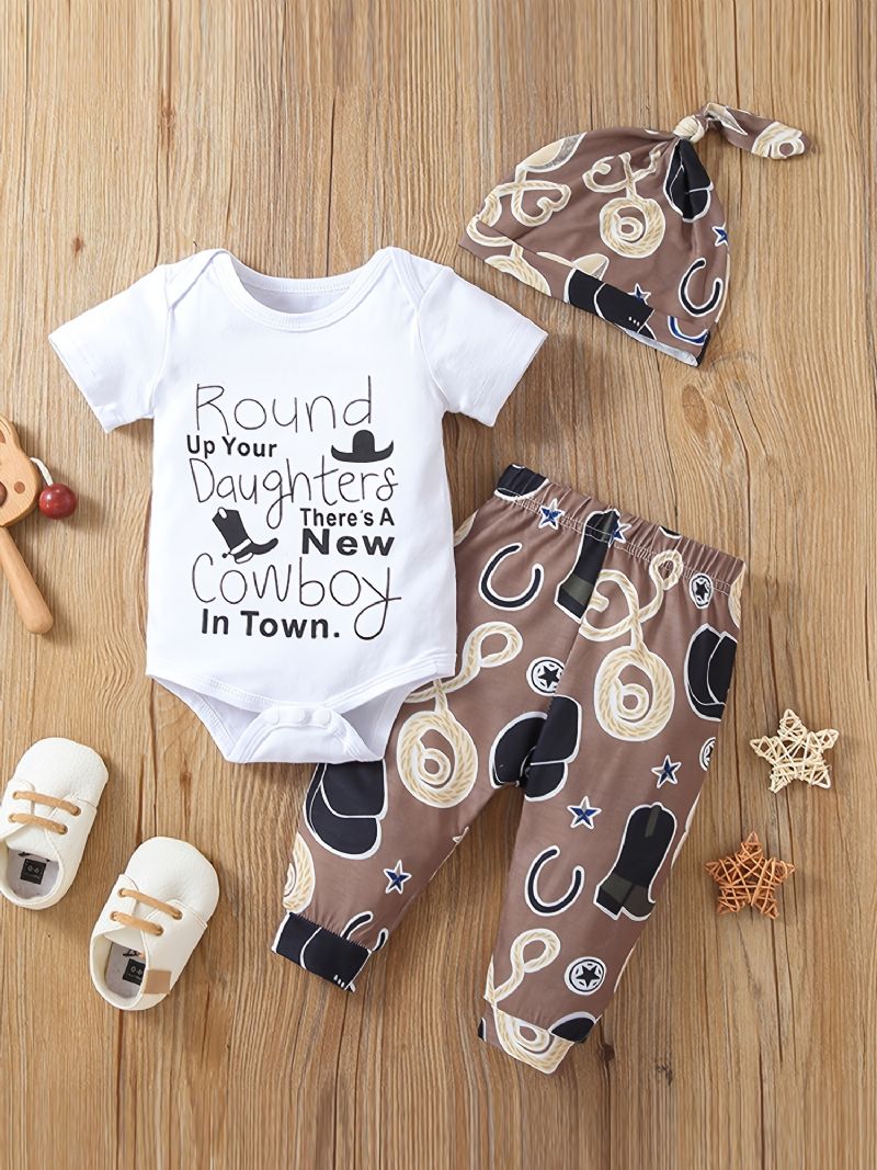 3 St Nyfödda Pojkar Cowboy Print Romper Set Med Söt Casual Crew Neck Kortärmad & Byxor & Hatt För Vinter