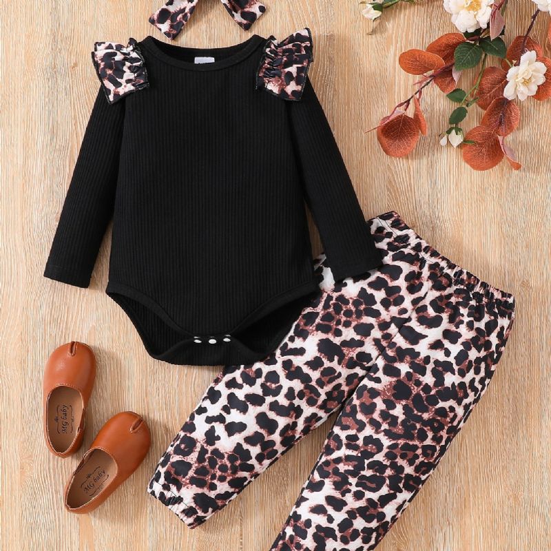 3 St Småbarnsflickor Leopardtryck Ärm Rundhalsad Bodysuit & Leopardbyxor Set