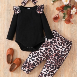 3 St Småbarnsflickor Leopardtryck Ärm Rundhalsad Bodysuit & Leopardbyxor Set