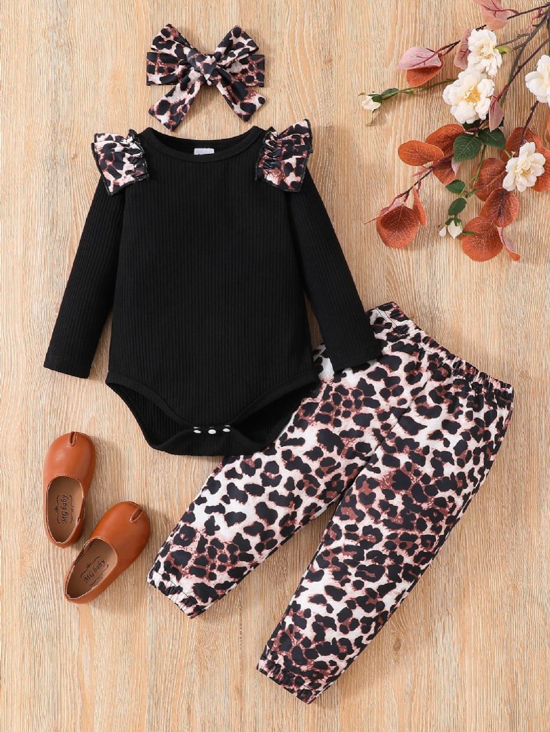 3 St Småbarnsflickor Leopardtryck Ärm Rundhalsad Bodysuit & Leopardbyxor Set