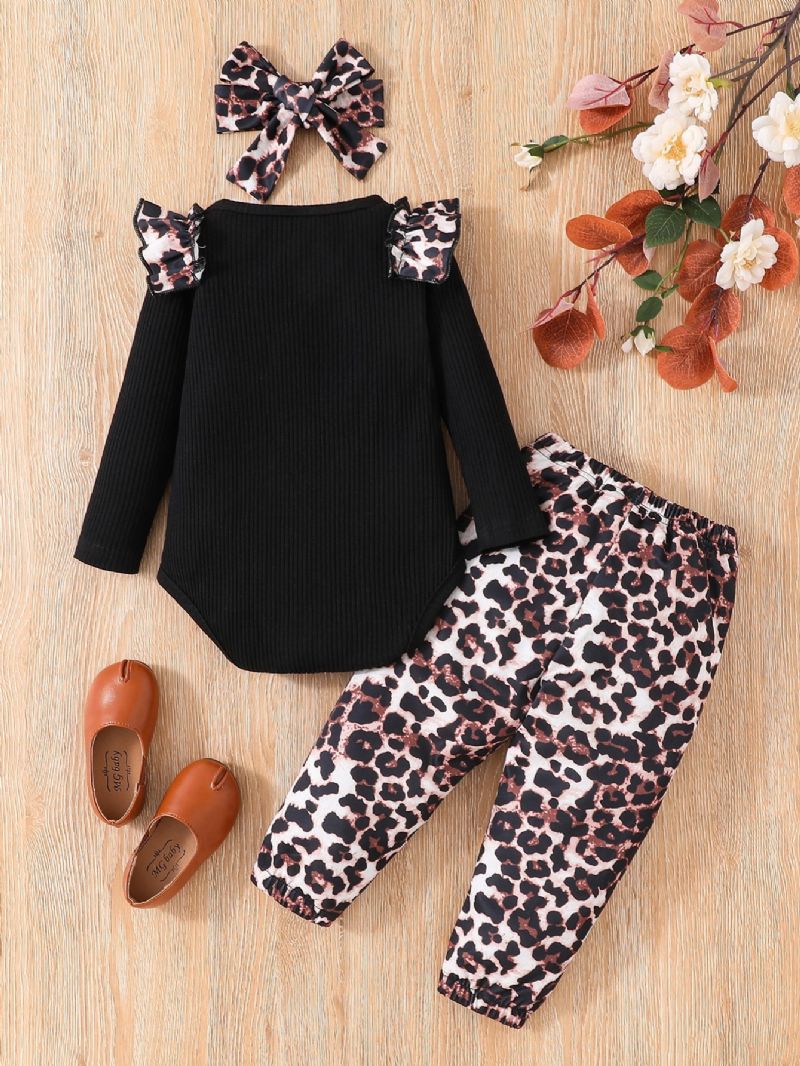 3 St Småbarnsflickor Leopardtryck Ärm Rundhalsad Bodysuit & Leopardbyxor Set