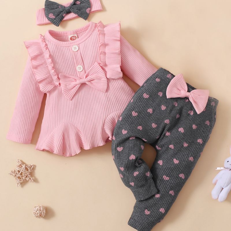 3st Bebis Flickor Sweet Ruffle Sweater Leggings & Bow Pannband Set