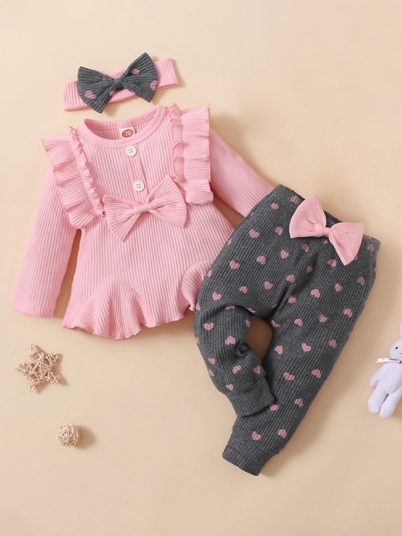 3st Bebis Flickor Sweet Ruffle Sweater Leggings & Bow Pannband Set