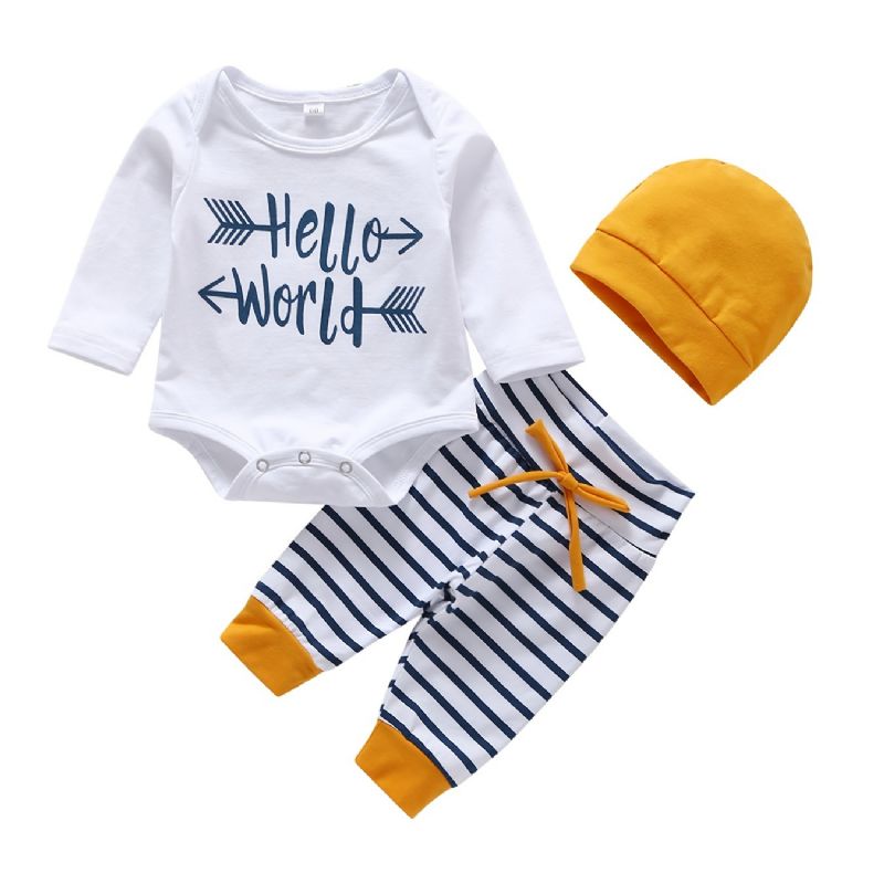 3st Bebis Pojkar Hello World Letter Print Onesie Top Randiga Byxor Med Hatt Set Kläder