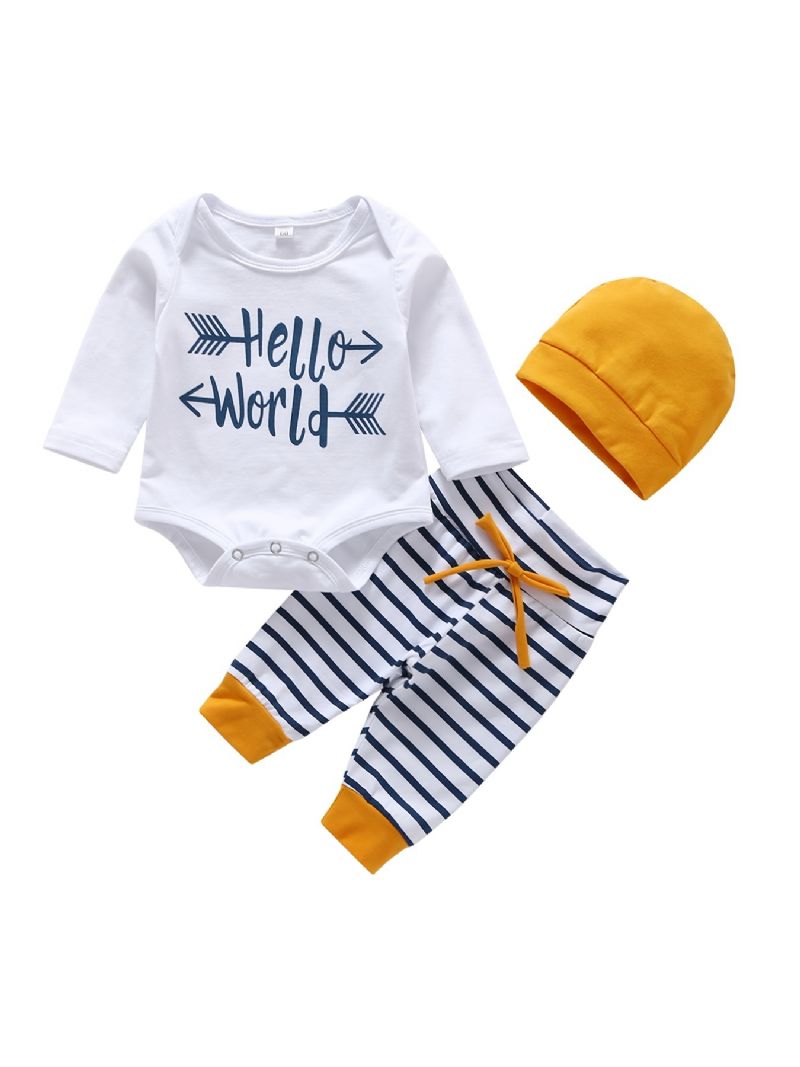 3st Bebis Pojkar Hello World Letter Print Onesie Top Randiga Byxor Med Hatt Set Kläder