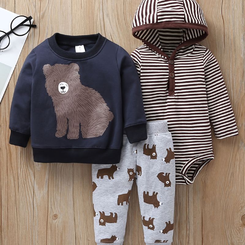 3st Bebis Pojkar Hooded Bear Print Bodysuit & Sweatshirt & Byxor Set För Höst Vinter Ny