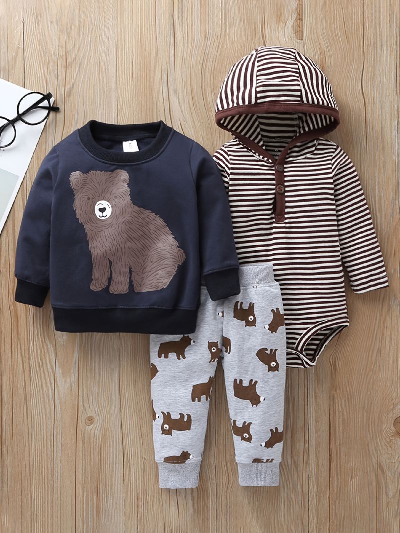 3st Bebis Pojkar Hooded Bear Print Bodysuit & Sweatshirt & Byxor Set För Höst Vinter Ny