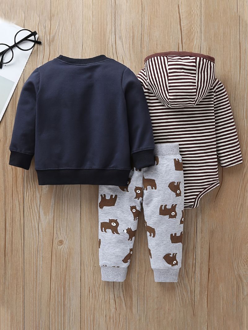 3st Bebis Pojkar Hooded Bear Print Bodysuit & Sweatshirt & Byxor Set För Höst Vinter Ny