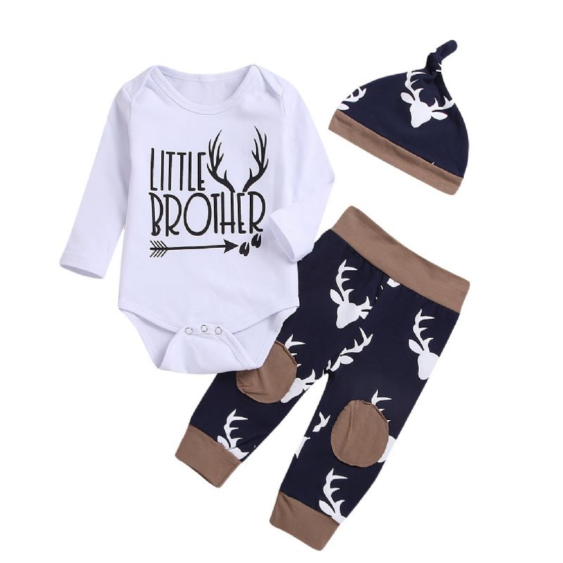 3st Bebis Pojkar Romper Långärmad Älgtryck Bodysuits & Byxor & Hatt Outfit Set