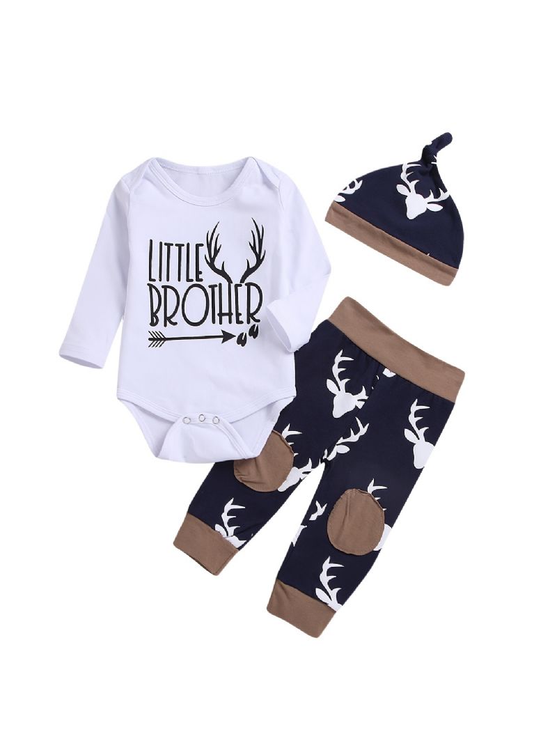 3st Bebis Pojkar Romper Långärmad Älgtryck Bodysuits & Byxor & Hatt Outfit Set