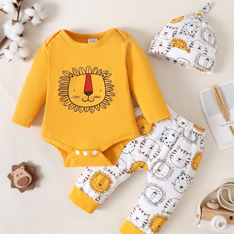 3st Bebis Pojkar Romper Set Med Tecknat Lejontryck Söt Casual Crew Neck Långärmad Pullover & Byxor & Hatt För Vinter