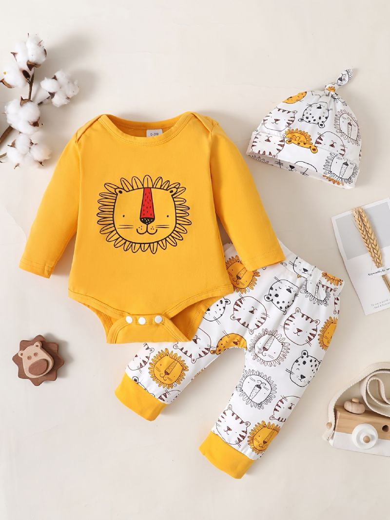 3st Bebis Pojkar Romper Set Med Tecknat Lejontryck Söt Casual Crew Neck Långärmad Pullover & Byxor & Hatt För Vinter