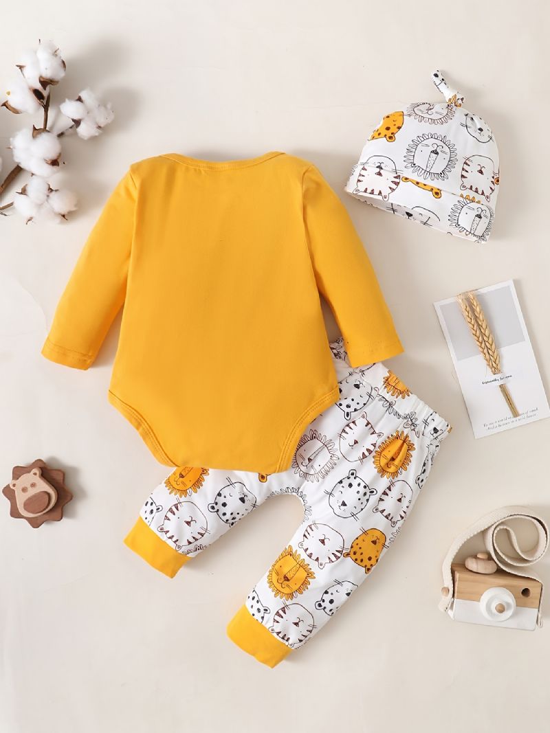 3st Bebis Pojkar Romper Set Med Tecknat Lejontryck Söt Casual Crew Neck Långärmad Pullover & Byxor & Hatt För Vinter