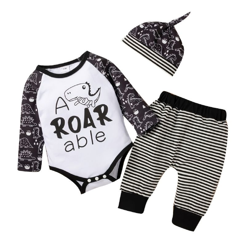 3st Bebis Romper Letter Dinosaur Print Långärmad Body & Randiga Byxor & Hatt Set Flickor Pojkar Barn Kläder