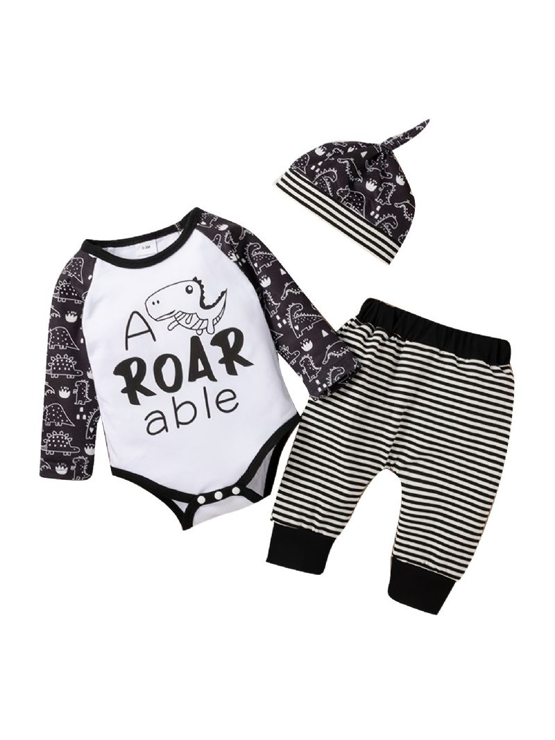 3st Bebis Romper Letter Dinosaur Print Långärmad Body & Randiga Byxor & Hatt Set Flickor Pojkar Barn Kläder