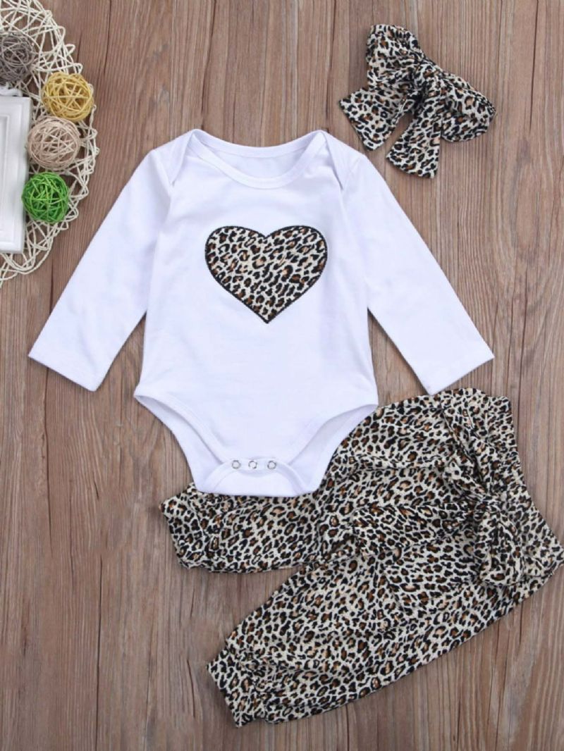 3st Flickor Leopard Print Heart Romper & Byxor Med Pannband