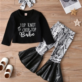 3st Flickor Top Knot & Crop Top Babe Print Crew Neck Långärmad + Utsvängda Byxor + Bow Pannband Set