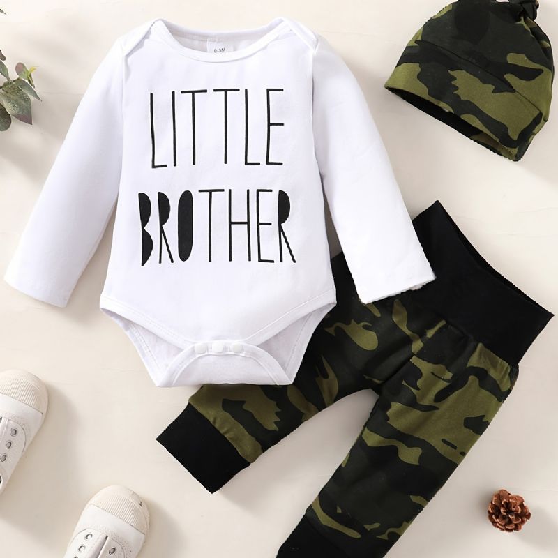 3st Newborn Bebis Letter Print Långärmade Rompers & Camo Byxor & Hatt För Pojkar Set