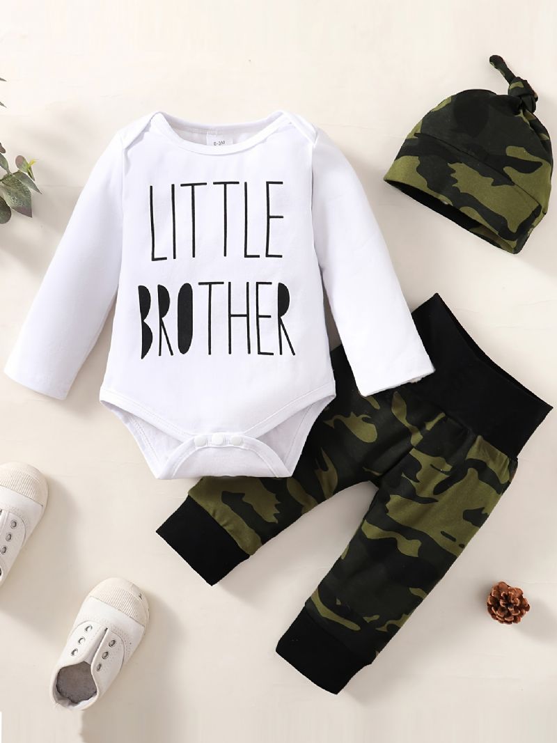 3st Newborn Bebis Letter Print Långärmade Rompers & Camo Byxor & Hatt För Pojkar Set