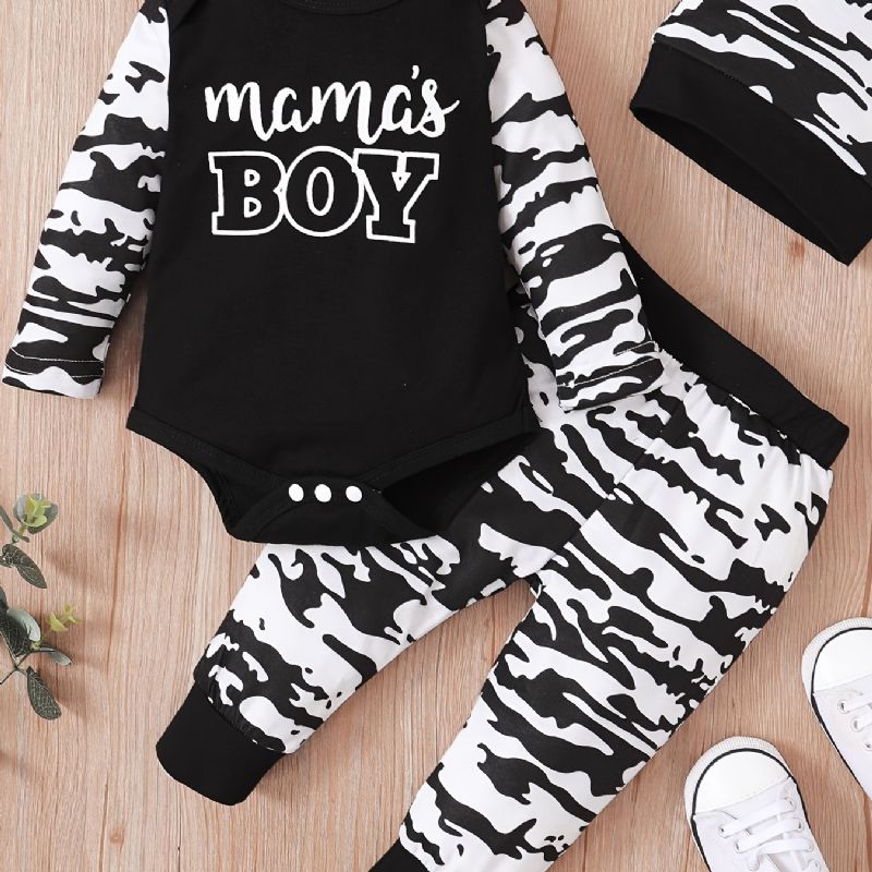 3st Pojkar Mama's Bokstavstryck Långärmad Onesie Romper Topp Elastiska Midjebyxor Med Hattset Kläder