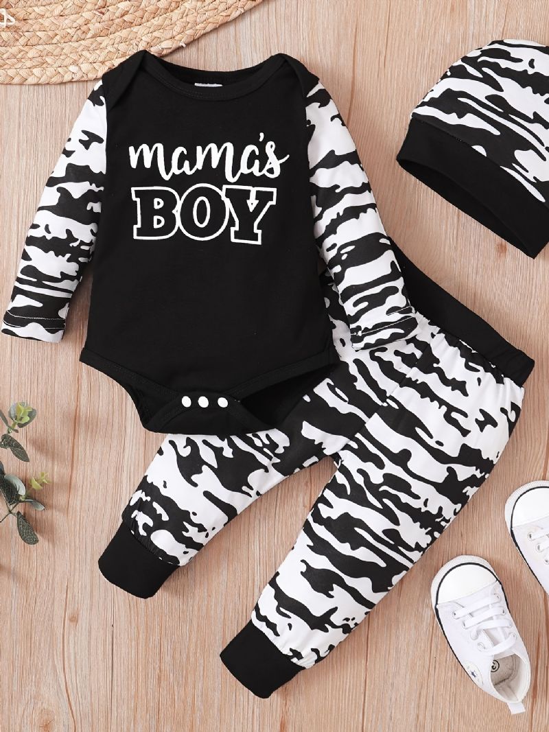 3st Pojkar Mama's Bokstavstryck Långärmad Onesie Romper Topp Elastiska Midjebyxor Med Hattset Kläder