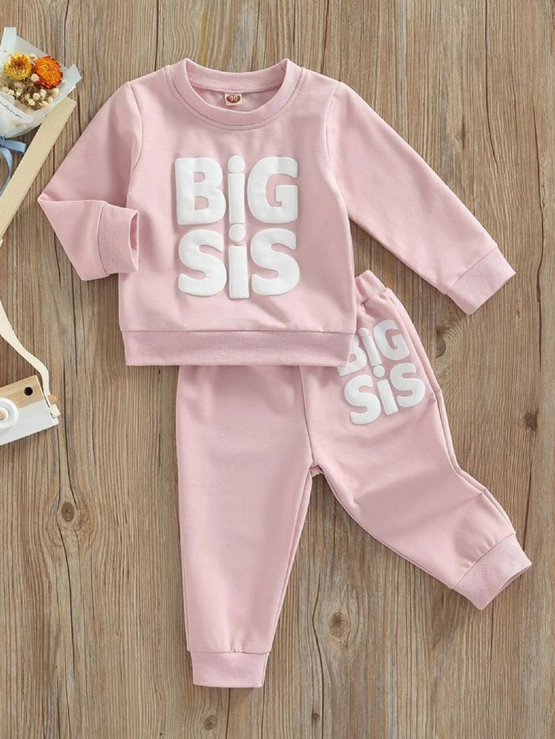 Barn Bebis Flickor Höst/vinter Big Sis Tryckt Sweatshirt & Jogger Sweatpants Set Rosa