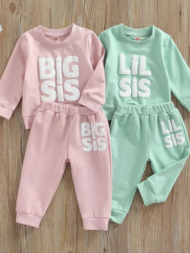 Barn Bebis Flickor Höst/vinter Big Sis Tryckt Sweatshirt & Jogger Sweatpants Set Rosa