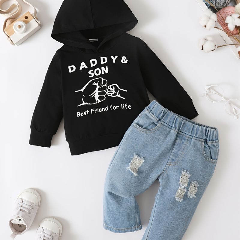 Barn Byxa Set Daddy&son Letter Print Hoodie & Ripped Jeans Set Barnkläder