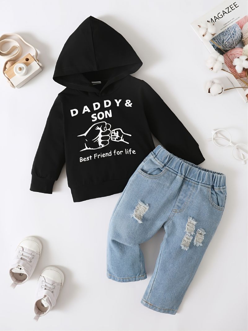 Barn Byxa Set Daddy&son Letter Print Hoodie & Ripped Jeans Set Barnkläder