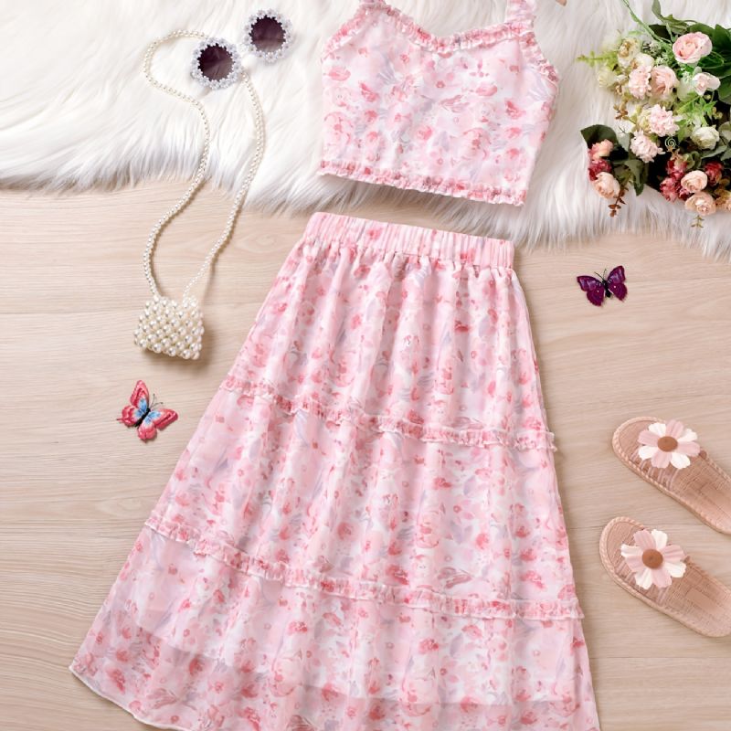 Barn Flickor Blommönster Camisole & Kjol Set Princess Dress Barnkläder