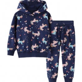 Barn Flickor Unicorn Print Hoodie Sweatshirt Byxuppsättning Höst Vinter