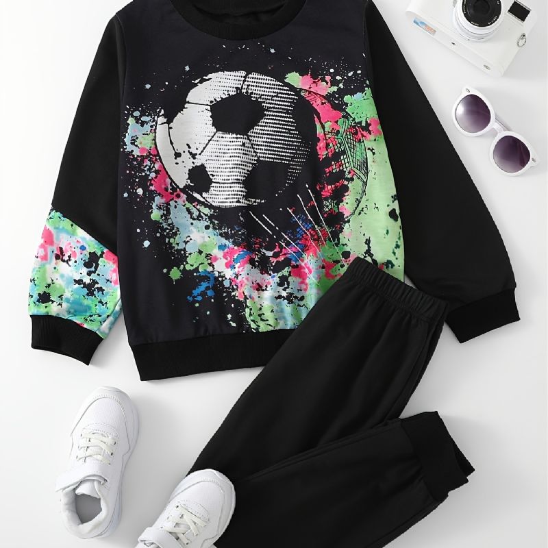 Barntröja För Pojkar Fotbollstryck Långärmad Rundhalsad Sweatshirt & Byxor Set Barnkläder