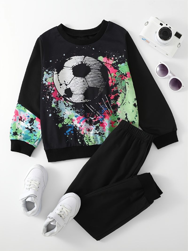 Barntröja För Pojkar Fotbollstryck Långärmad Rundhalsad Sweatshirt & Byxor Set Barnkläder