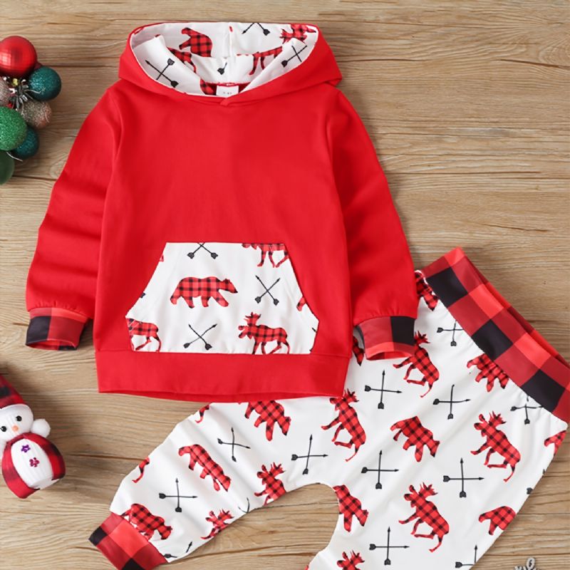 Bebis Barn Flickor Hoodie & Matchande Byxor Set Med Älgtryck För Jul