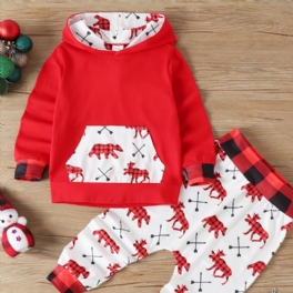 Bebis Barn Flickor Hoodie & Matchande Byxor Set Med Älgtryck För Jul