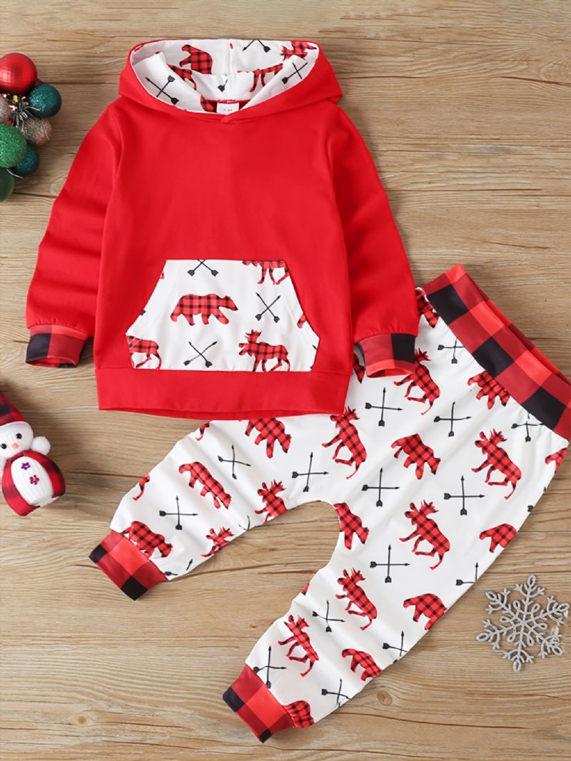 Bebis Barn Flickor Hoodie & Matchande Byxor Set Med Älgtryck För Jul