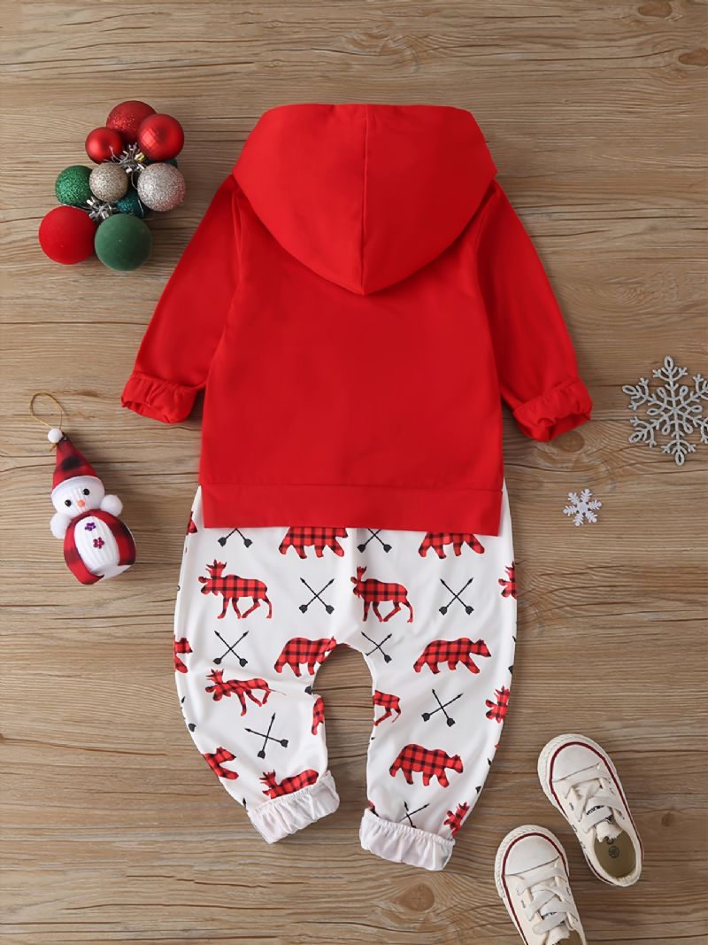 Bebis Barn Flickor Hoodie & Matchande Byxor Set Med Älgtryck För Jul