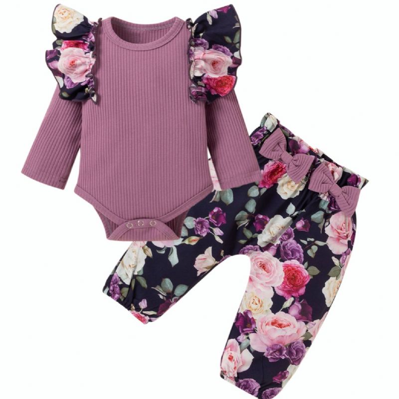 Bebis Flicka Botaniska Blommiga Tryck Volang Romper & Rosett Byxor Set